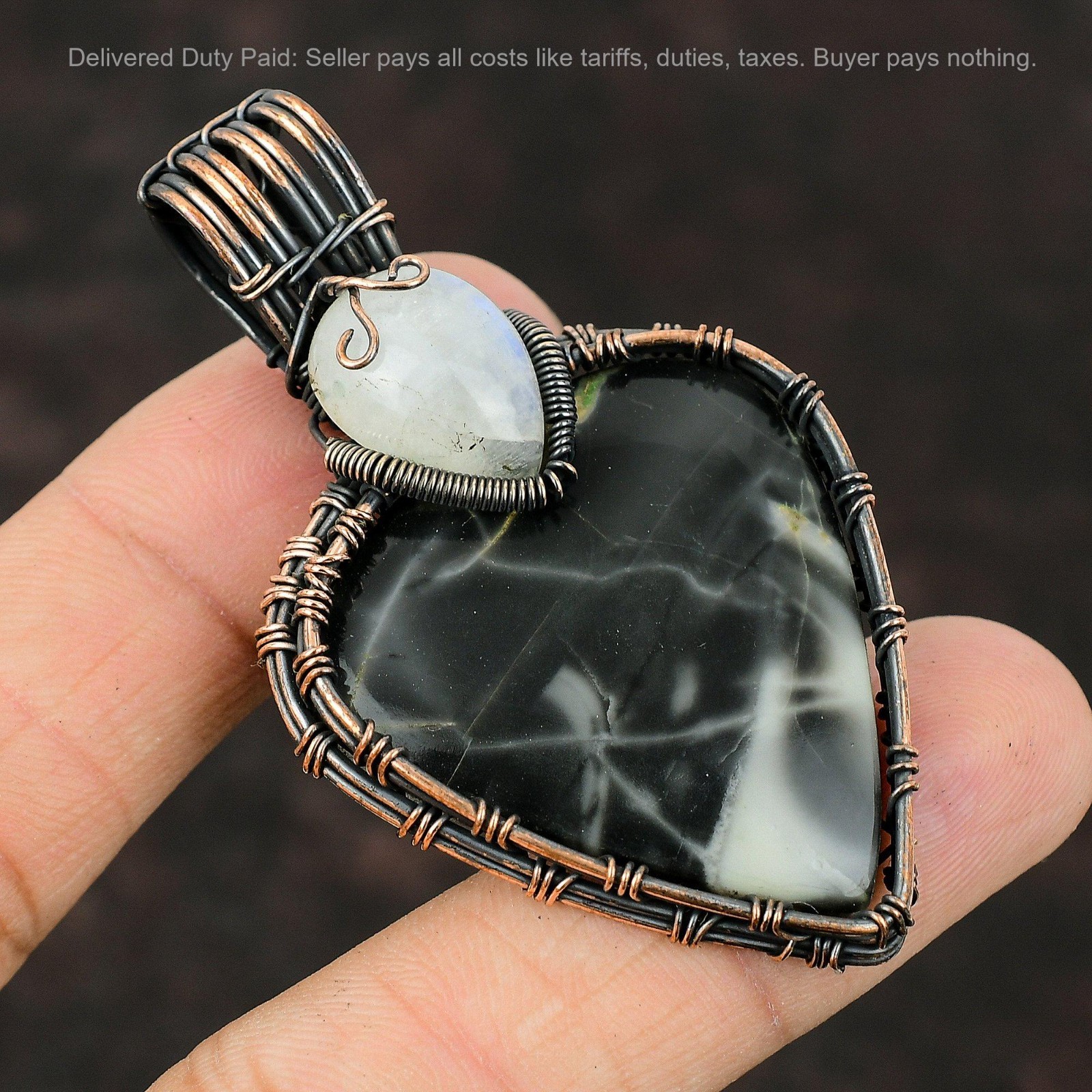 Trillion Picasso Jasper Gemstone Rainbow Moonstone Wire Wrapped Pendant Copper