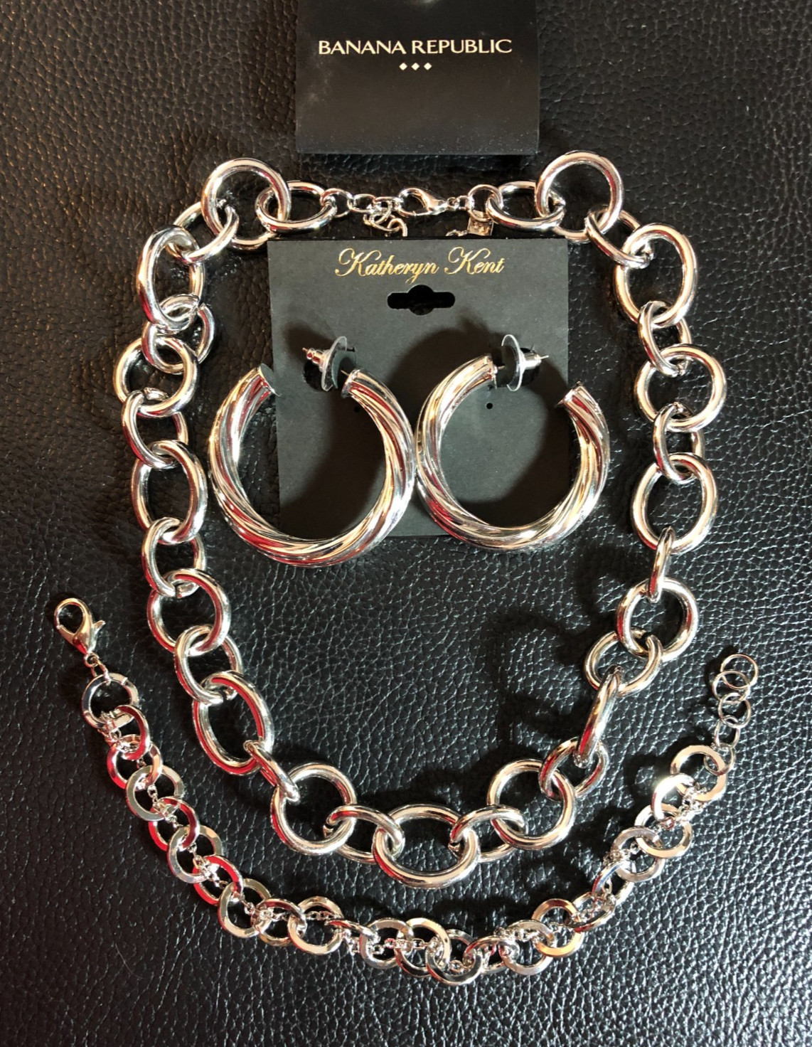 BANANA REPUBLIC Silver Rolo Chunky Chain Necklace +Hoop Earrings Bracelet 8572
