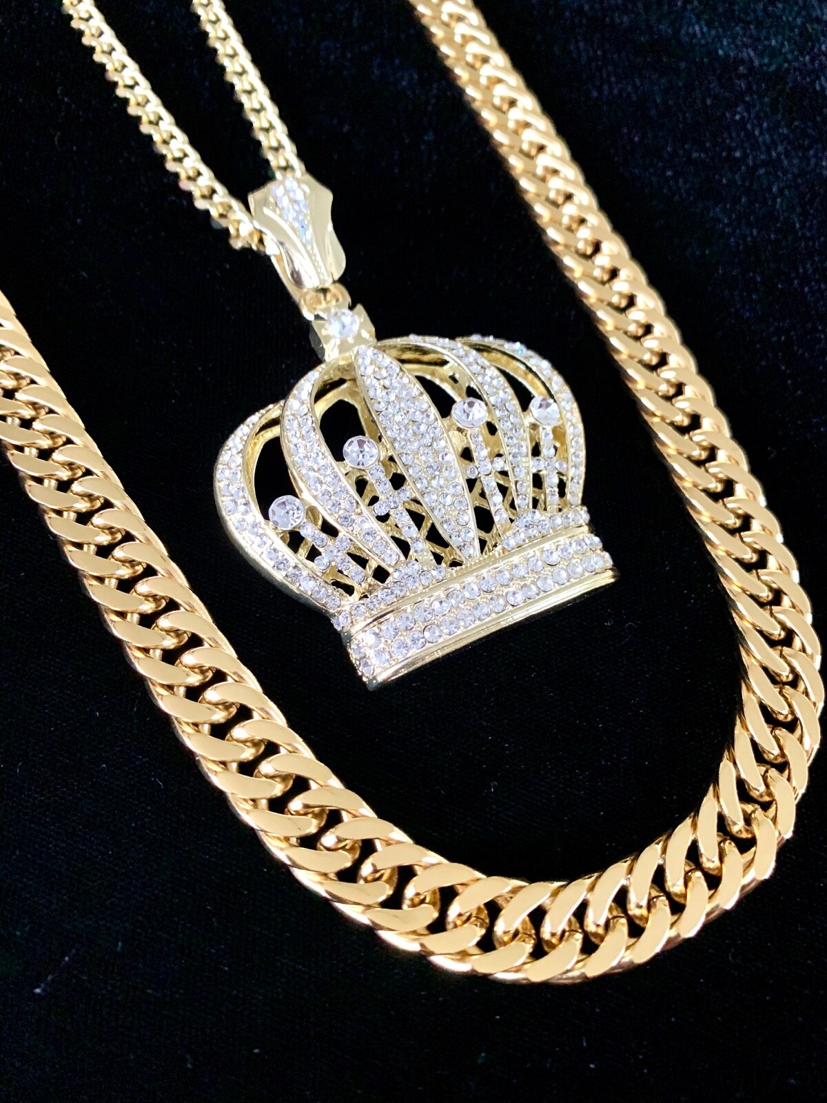 Solid 18K Gold Lab Diamonds BIG CROWN Pendant Chain Necklace *LIFETIME WARRANTY*