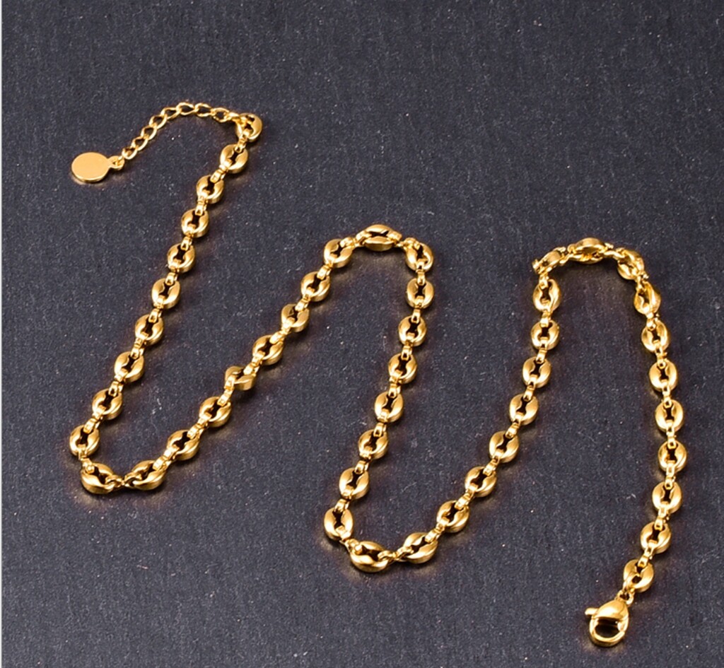 Hip Hop Women Gold Plated Titanium Stainless Steel Coffee Bean Necklace 17-18″