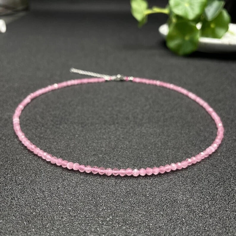 Rose Quartz Dainty Choker Necklace 2mm Crystal Gemstone Beads Minimalist Gifts