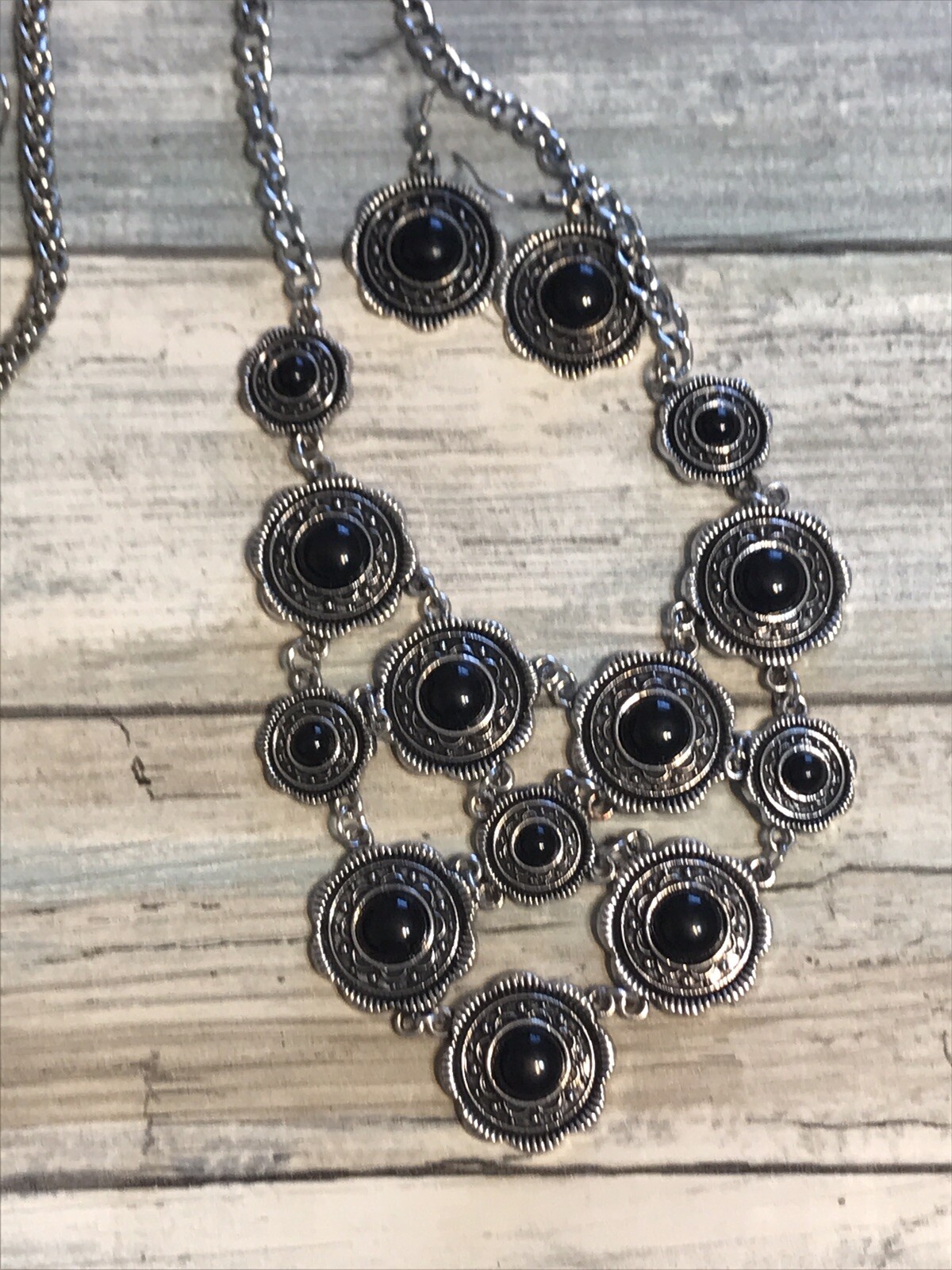 Lot Necklaces Earrings Silver Tone Chain Black Pendant Flowers Purple Set