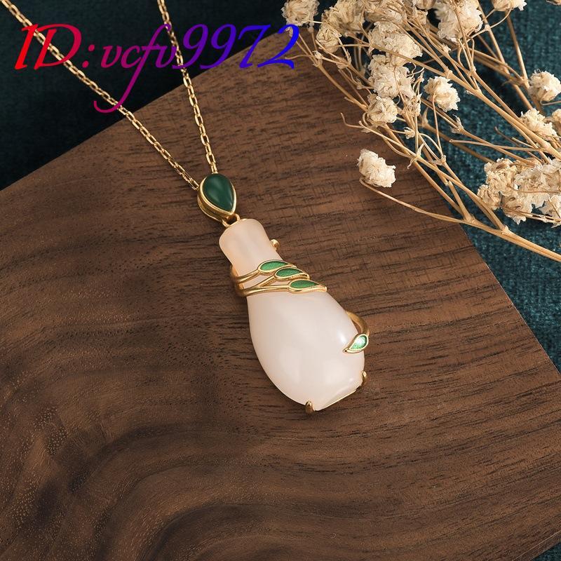 White Natural Jade Vase Pendant Necklace Real Jewelry 18K Gold Plated Designer