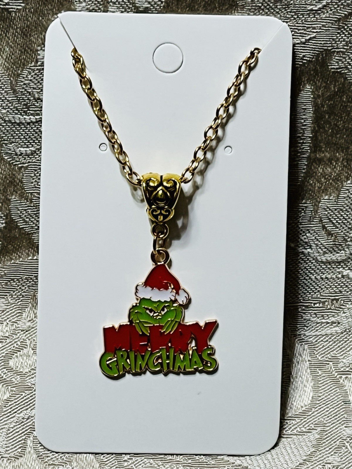 Grinch Christmas Holiday Gold Enamel Charm Adorable Boho Trendy Necklace 18”