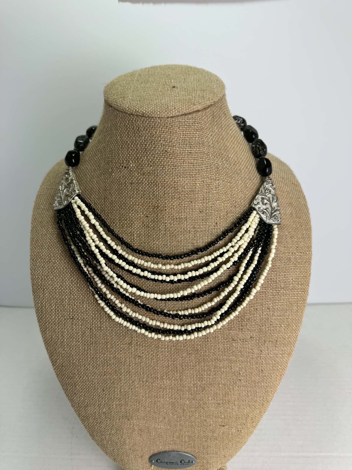 Chic Black White Multi-Strand Beaded Statement Necklace Silver Tone Accents