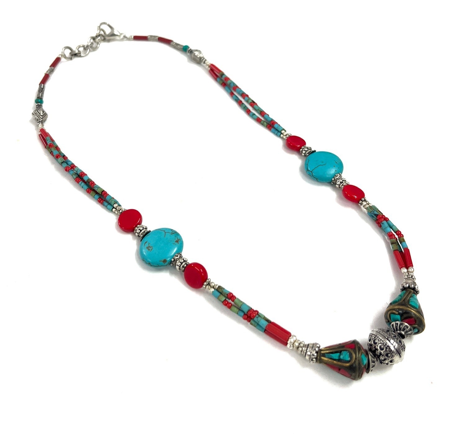 Tibetan Turquoise Coral Gemstone Handmade Necklace Jewelry, 18 Inch Adjs