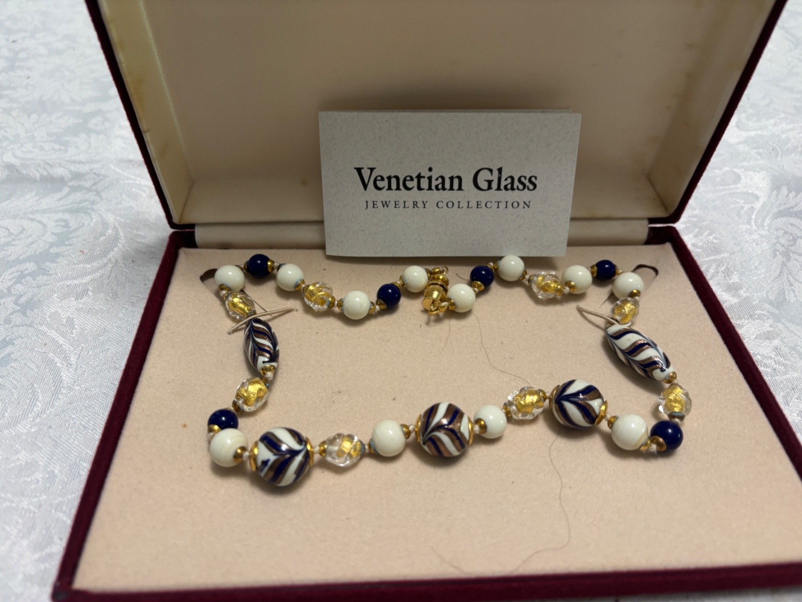 Venetian Glass Beads NECKLACE 20″ Cream Navy Gold Handcrafted IBB Italy Boxed