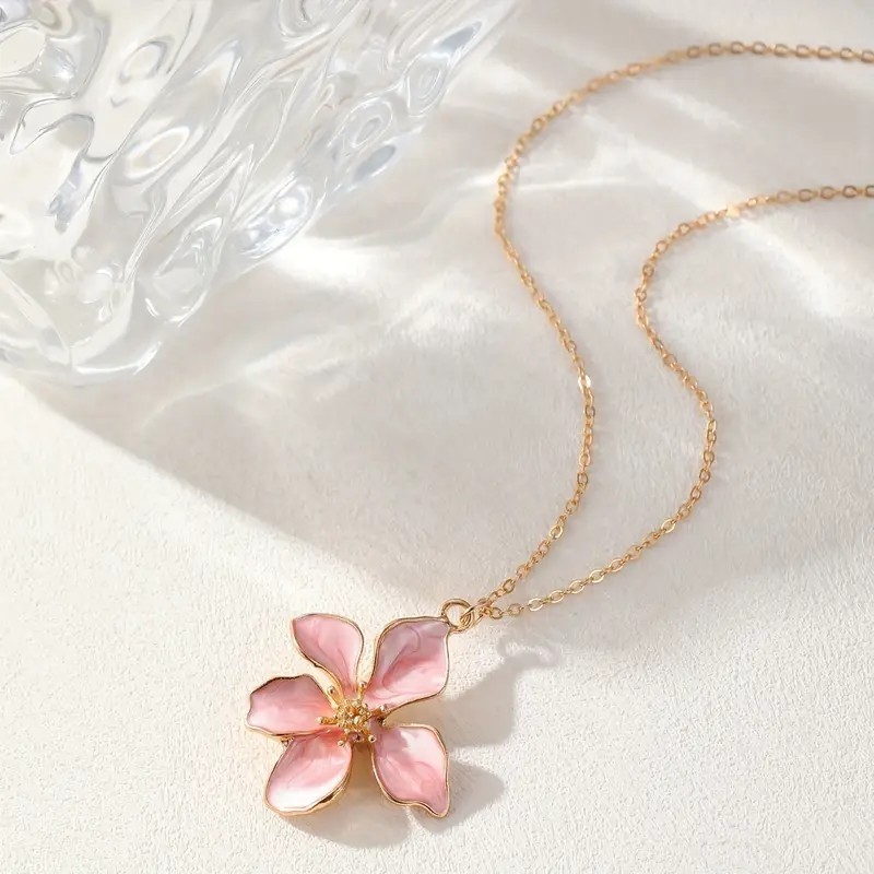 Pink Flower Pendant Necklace Women Fashion Floral Charm Jewelry Gift Cute