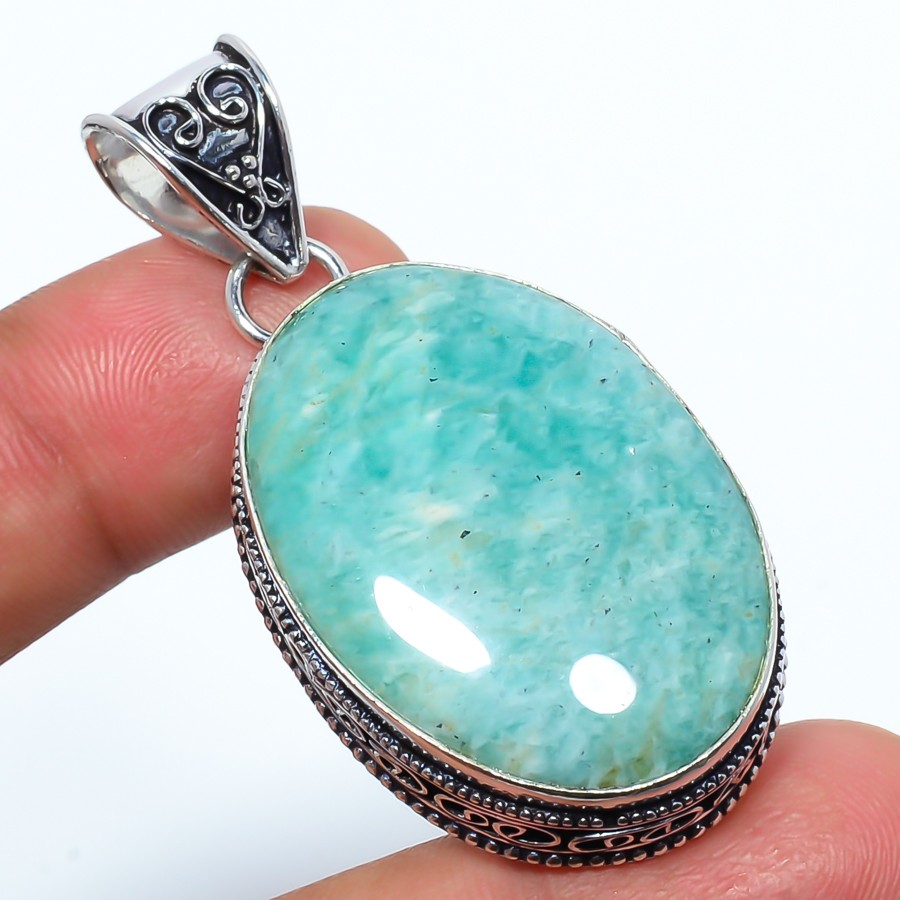 Natural Fine Art – Amazonite 925 Silver Plated Bali Pendant 2.11″ T2719