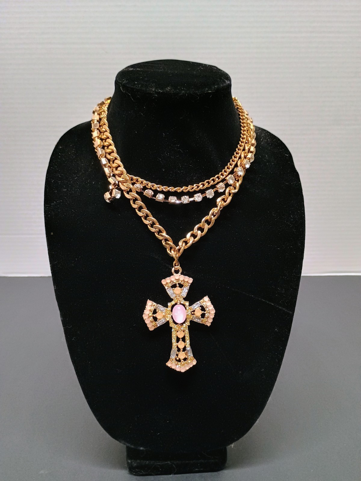 Layered cross gold and pink tone statement necklace costume great condition