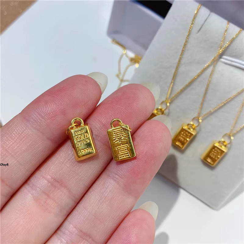 Pure 999 24K Yellow Gold Long Oblong With 18K Yellow Gold Wheat Necklace 18in