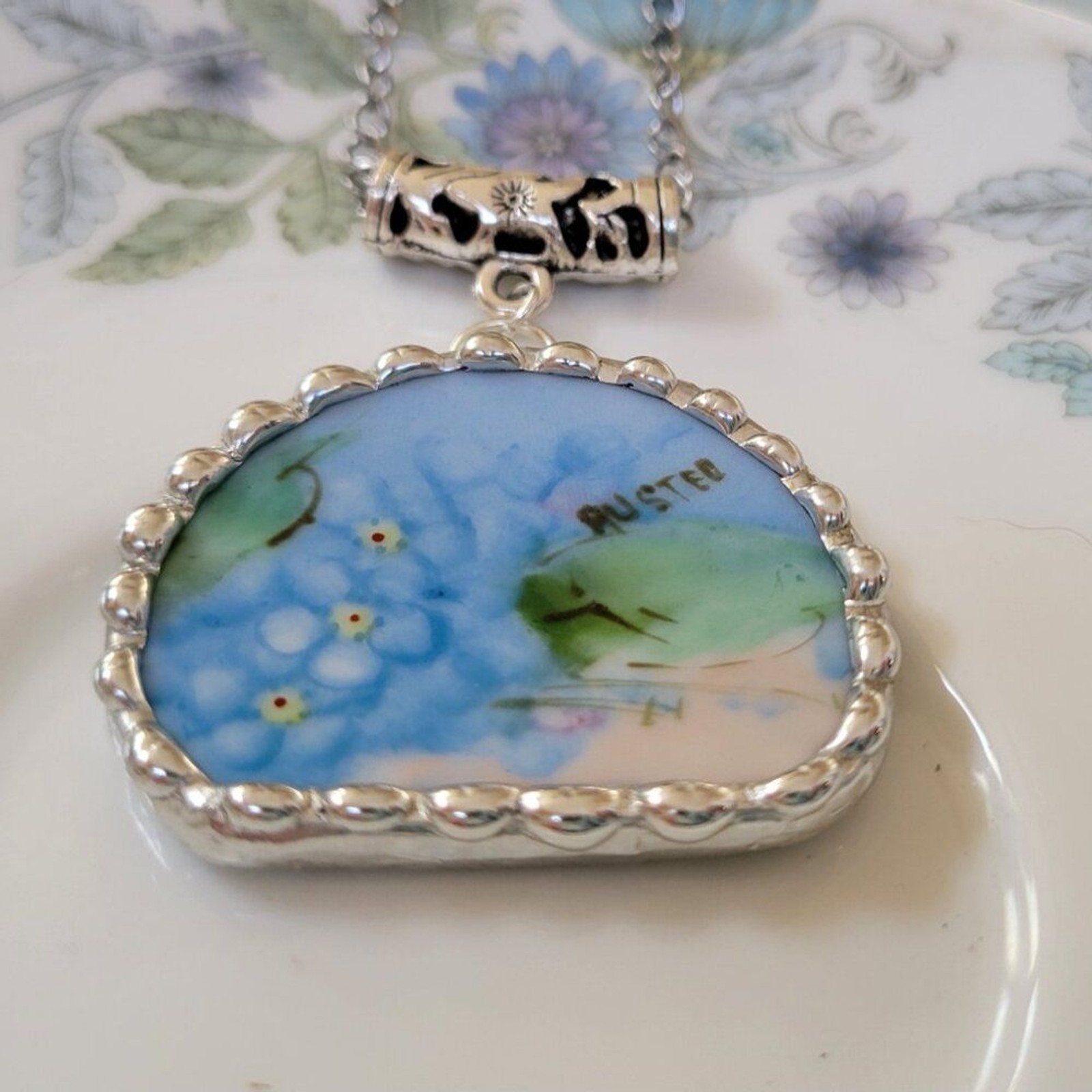 Sevres Bavaria Signed Hand Painted Forget Me Not Broken China Soldered Pendant