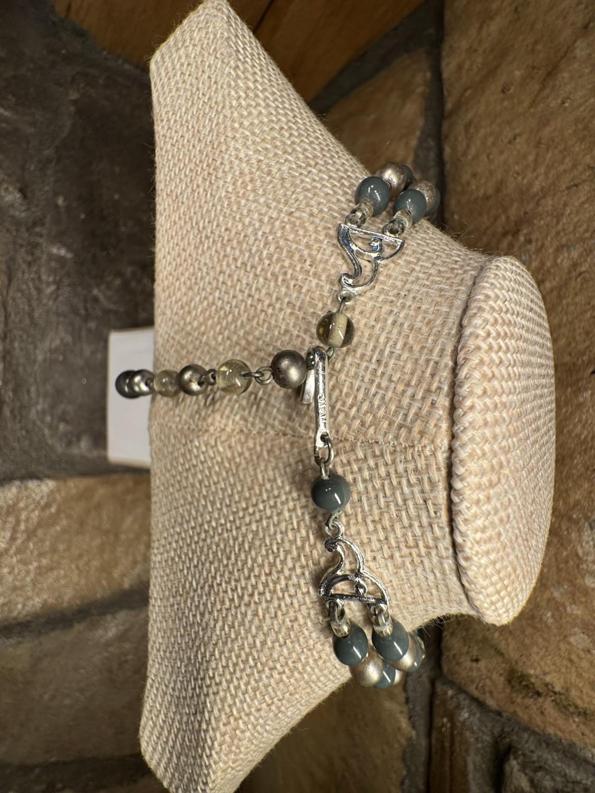 Vintage Gray & Silver Glass Beaded Necklace Stamped Japan c1950s 20in Retro Glam