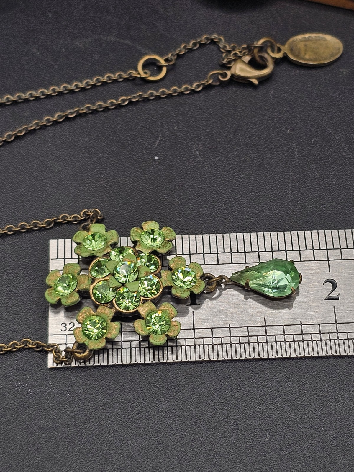 Signed Michal Negrin Peridot Green Swarovski Crystal Floral Necklace Bronze Tone