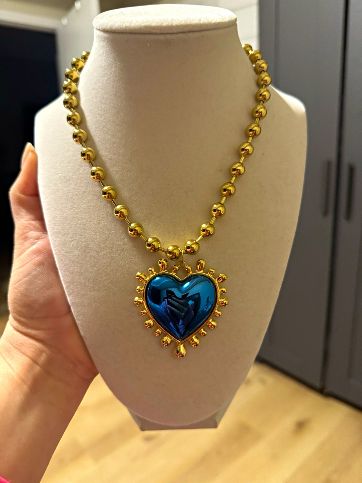 Gold Tone Bead Necklace w/ Blue Heart Charm Pendant, Ball/Bead, Love