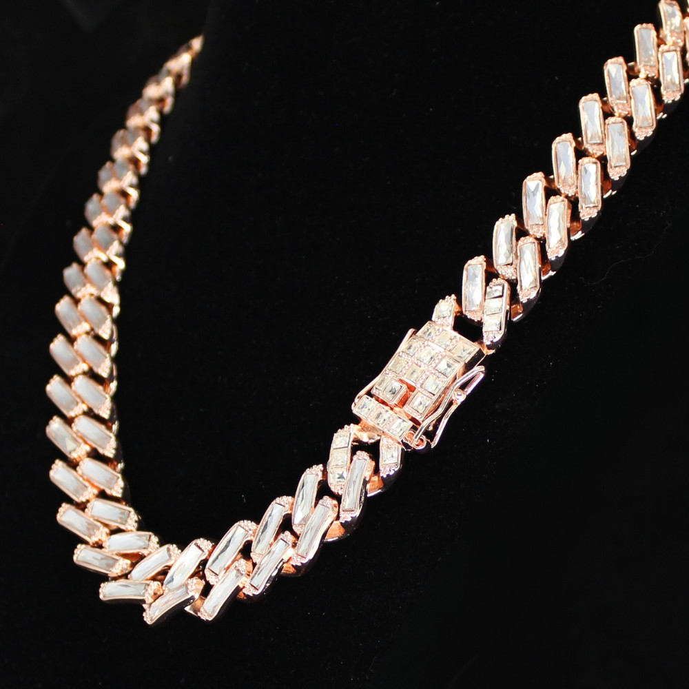Mens 16mm Iced Baguette CZ Square Miami Cuban Link 14k Rose Gold Plated Necklace