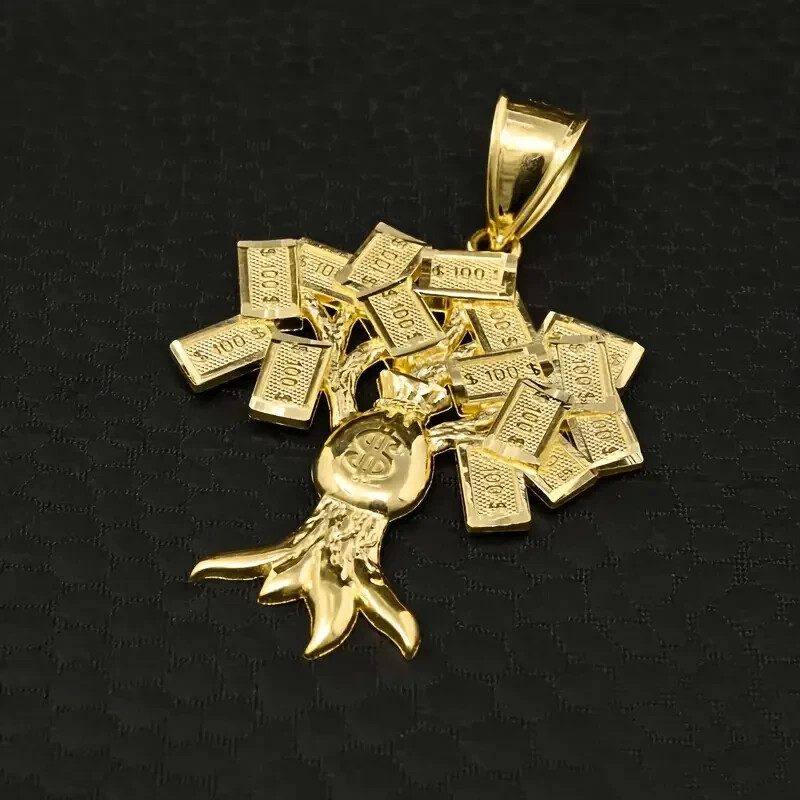 Brass Gold Plated $100 Money Tree Pendant & 3mm 24″ Rope Chain Hip Hop Necklace