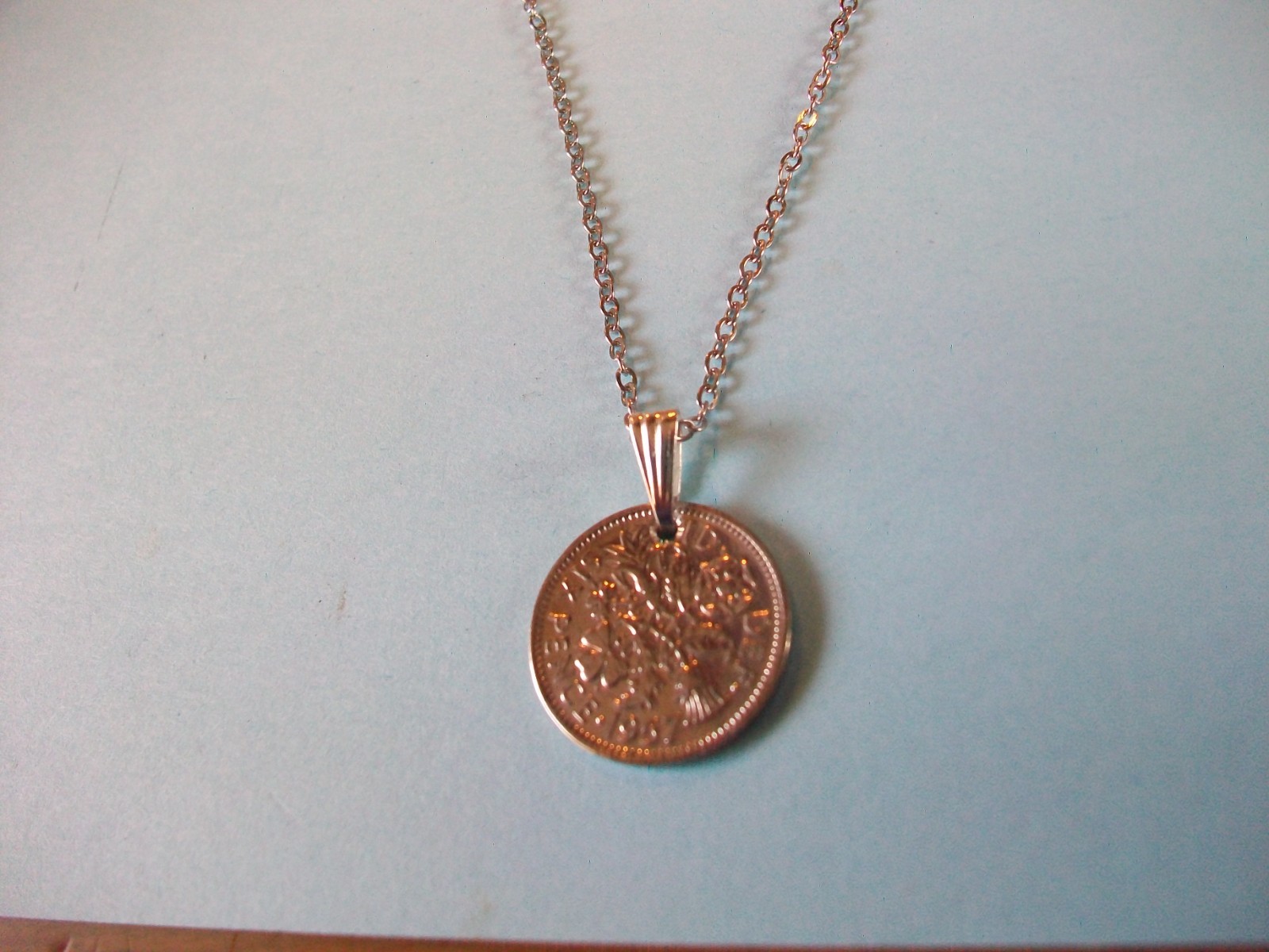 SIXPENCE COIN – SILVER FINE LINK CABLE CHAIN PENDANT NECKLACE – 1953 to 1967
