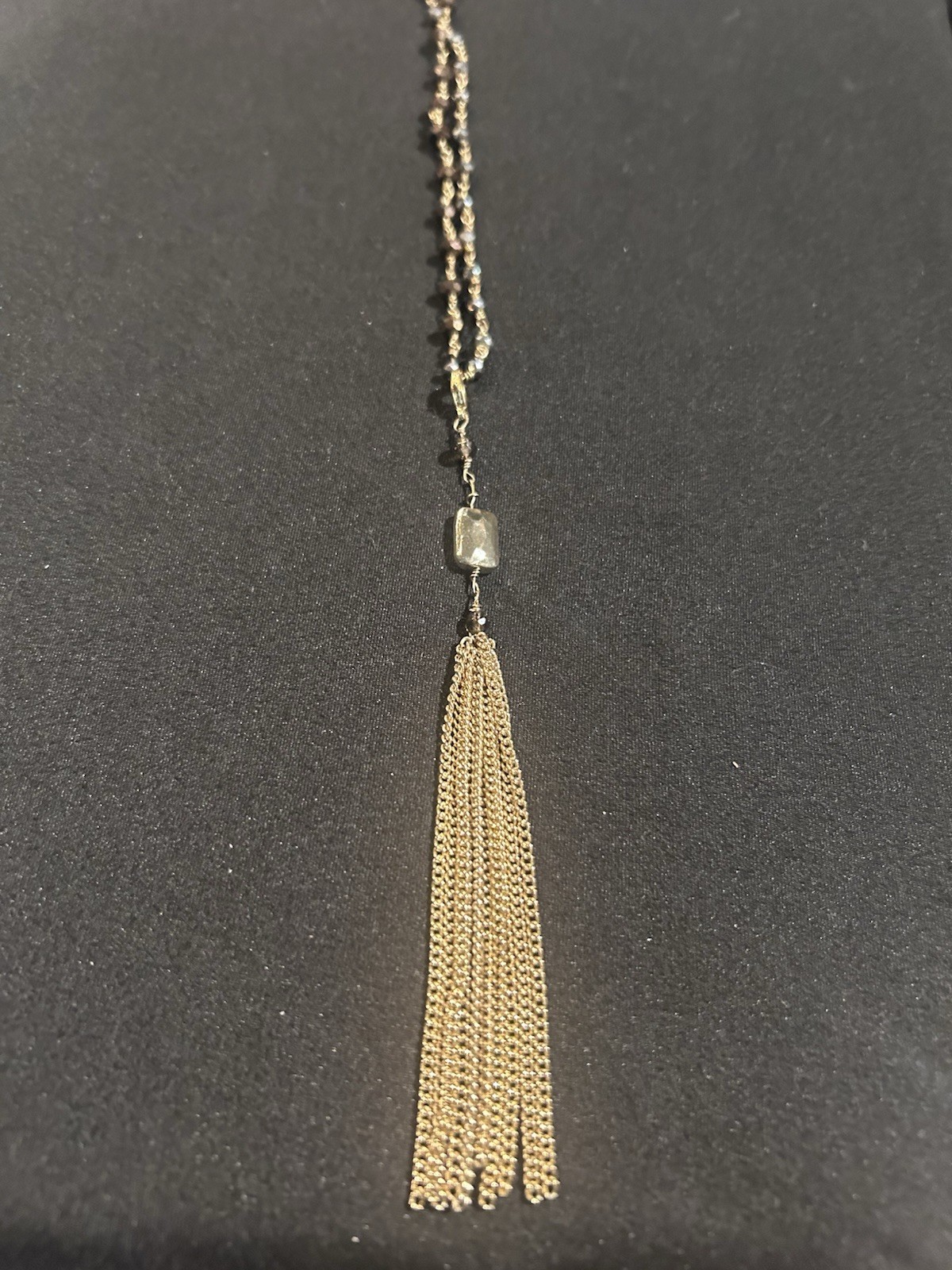Gold Tone Beaded Chain Necklace Black & Brown Beads Tassel Fringe Pendant
