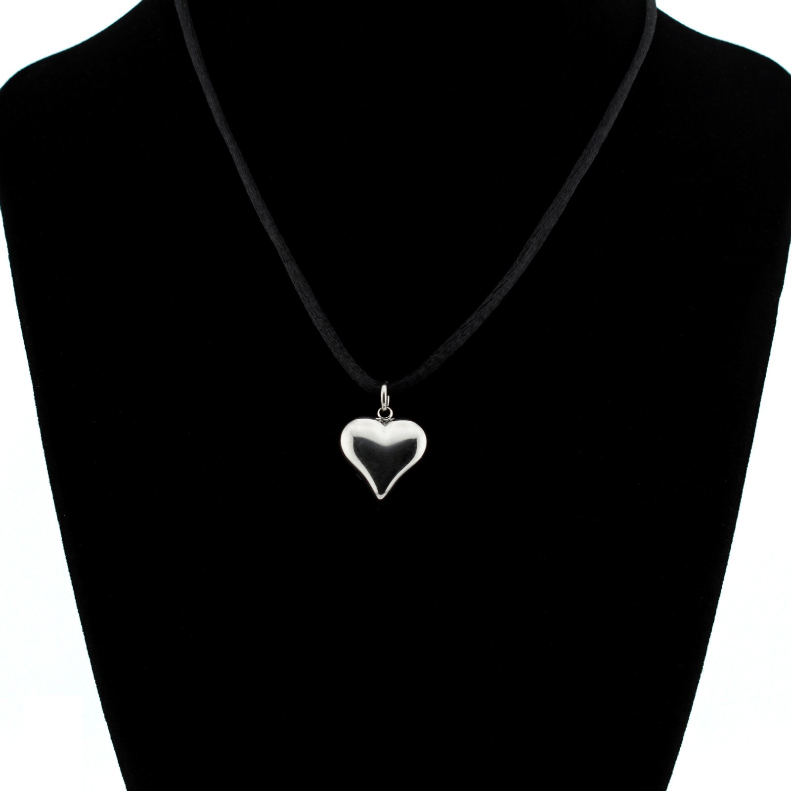 Stainless Steel Puffy Heart Pendant Necklace Satin Silk Cord 16-30″ Women Girls