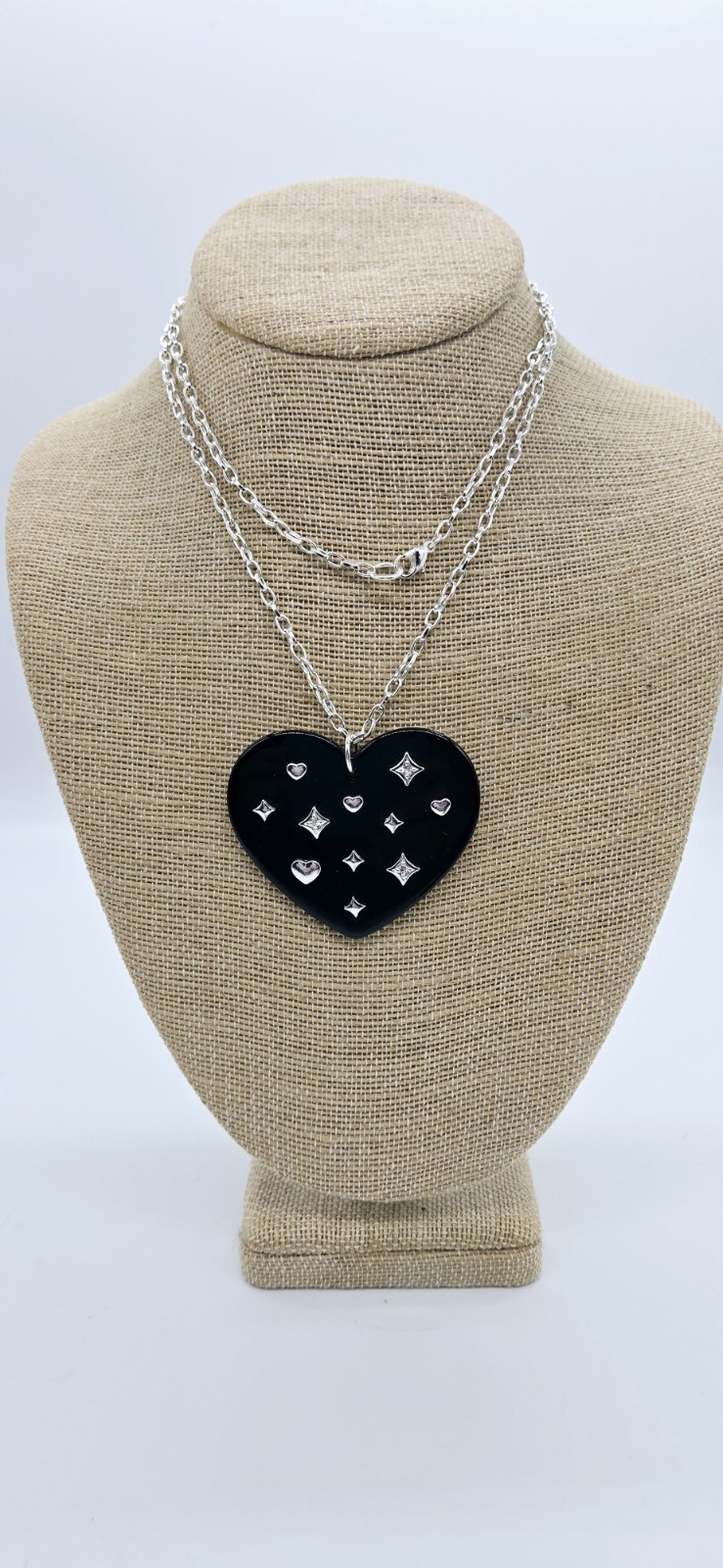HEART Pendant Necklace Black & Silver tone Crystal Accent Modern 30 in