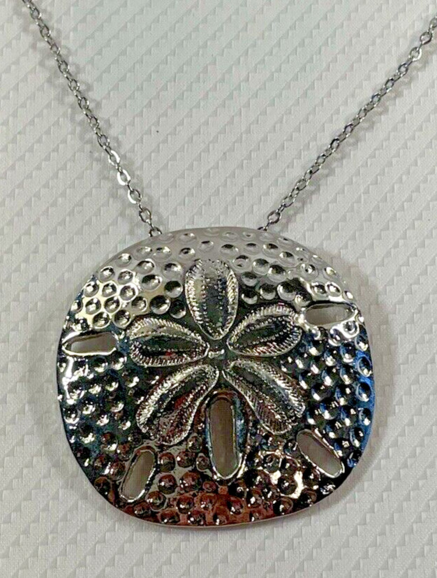 Sand Dollar LG Silver Necklace 30” Stainless Chain Coastal Sea Life Jewelry NEW