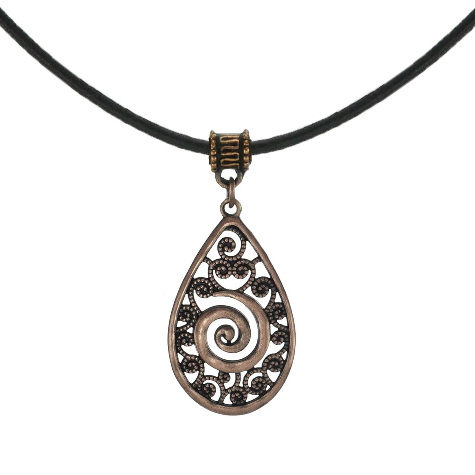 Copper Filigree Teardrop Boho Leather Cord Necklace, Black or Tan Leather