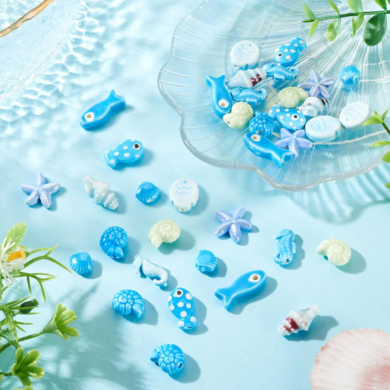36Pcs Summer Beach Theme Porcelain Beads Blue Shell Starfish Fish Sea Horse Conc