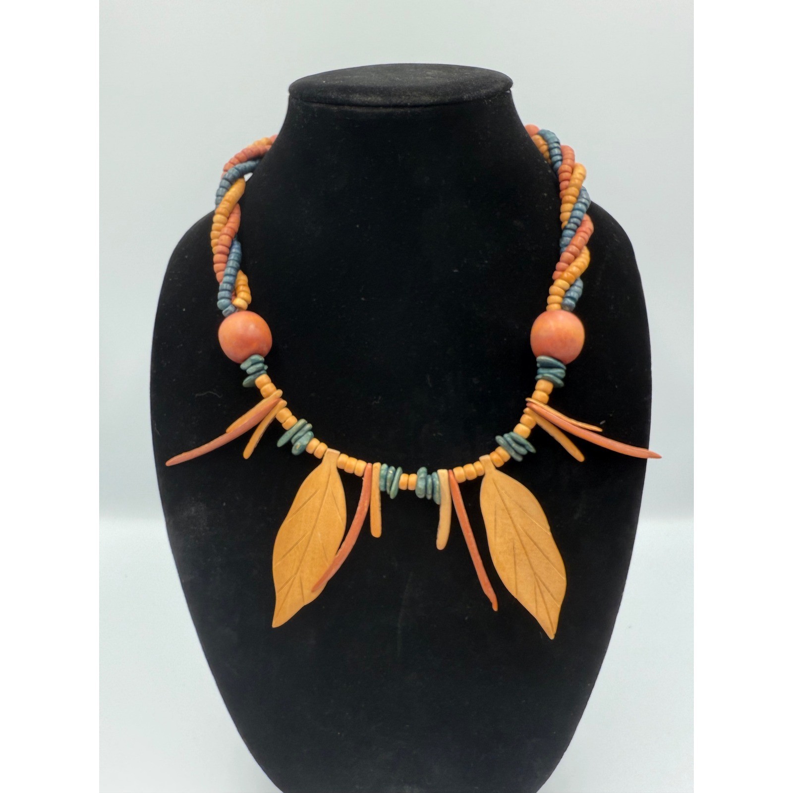 Vintage Boho Carved Wood Leaf Statement Necklace Earthy Multi Strand Beaded 22″