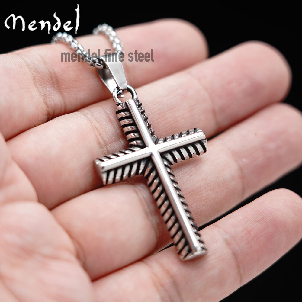 MENDEL Stainless Steel Mens Boys Christian Small Cross Pendant Necklace For Men