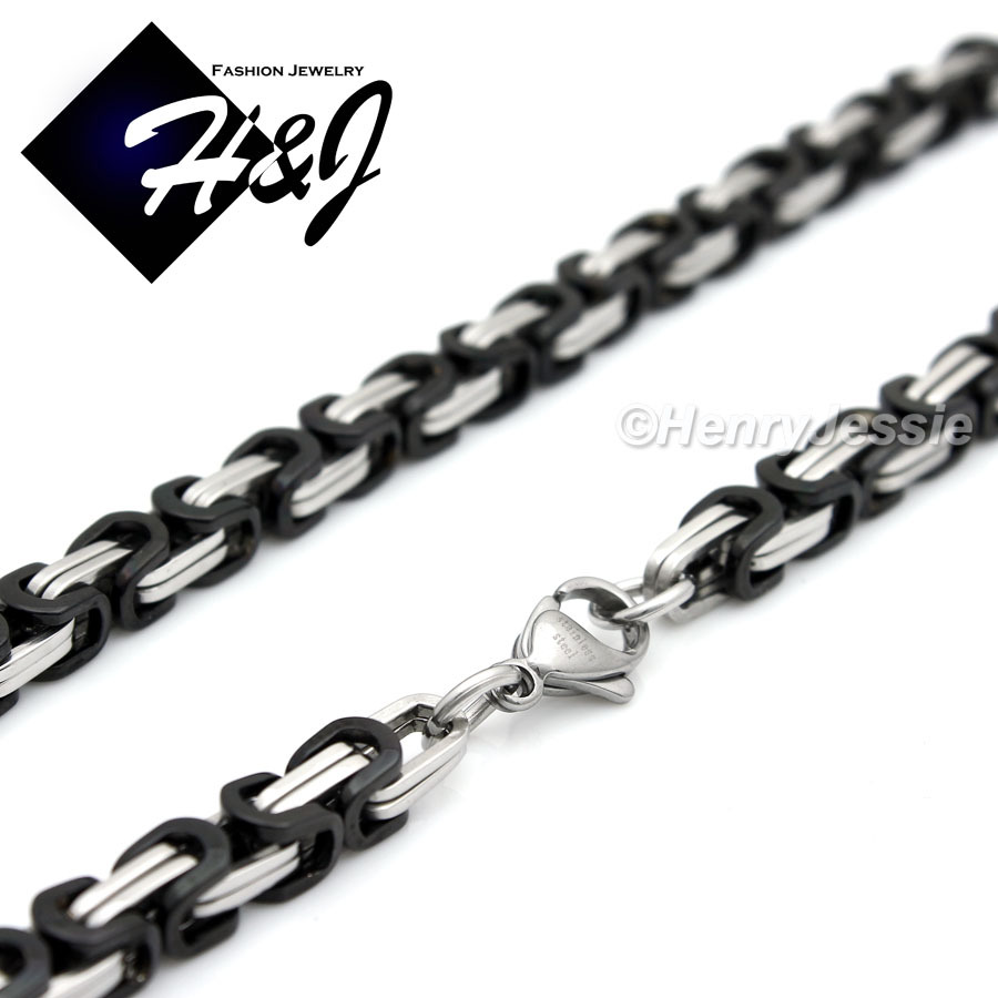 18-40″MEN’s Stainless Steel 4mm Silver/Black Plated Byzantine Box Chain Necklace