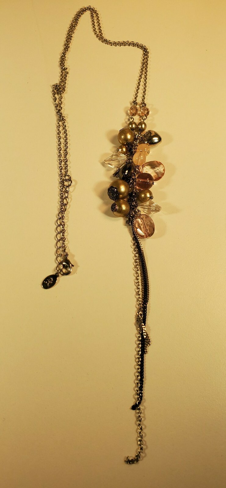 Cluster Necklace Silver Chain Pink Gold Beads 28-30″ With 7″ Drop Heart Keys