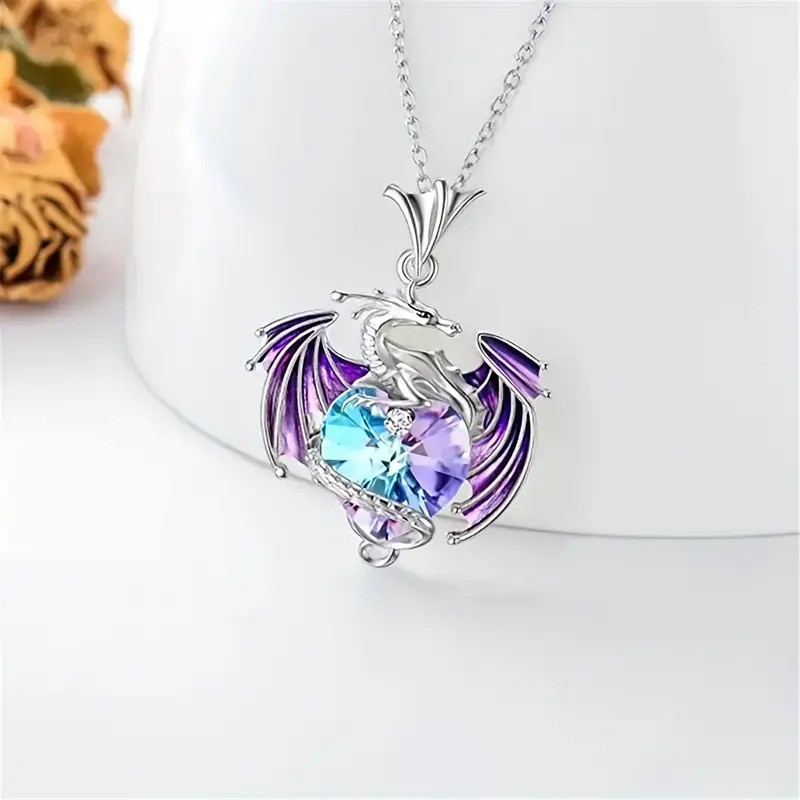 Blue Crystal – Silver Tone Chain – Dragon Necklace Pendant