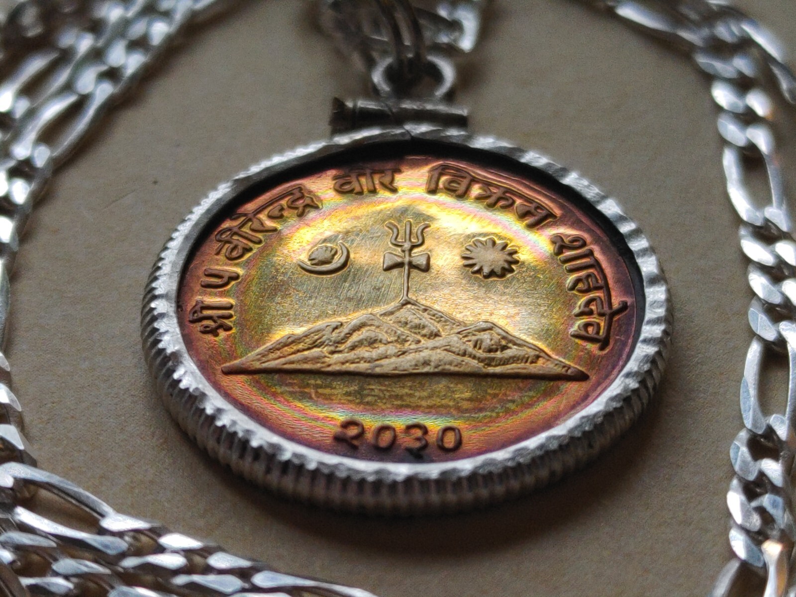 Sunrise & Sickle Moon Himalayan Mountain Nepal coin pendant & Italian 925 chain