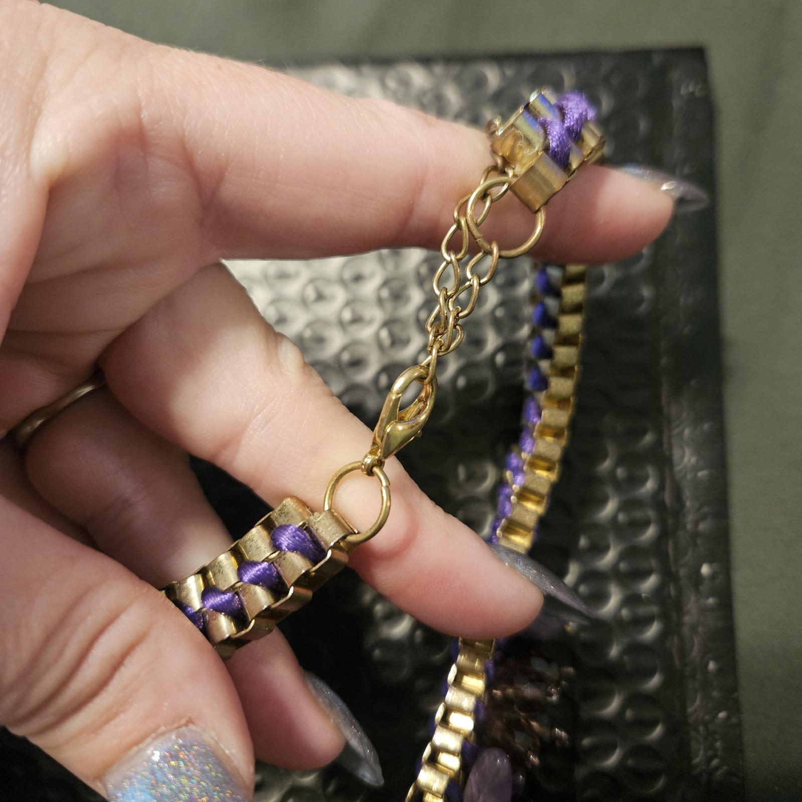Purple Gold Tone Statement Bib Necklace Crystal Cluster Link Chain Adjustable