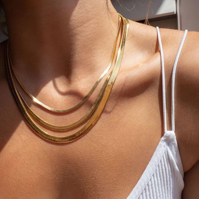 Stainless Steel Snake Chain Choker Necklace Gold Silver Herringbone Unisex Ad