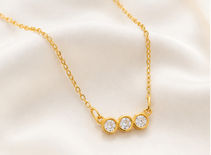 2Ct Round Cut Moissanite VVS1 3-Stone Pendant Necklace 14K Yellow Gold Plated