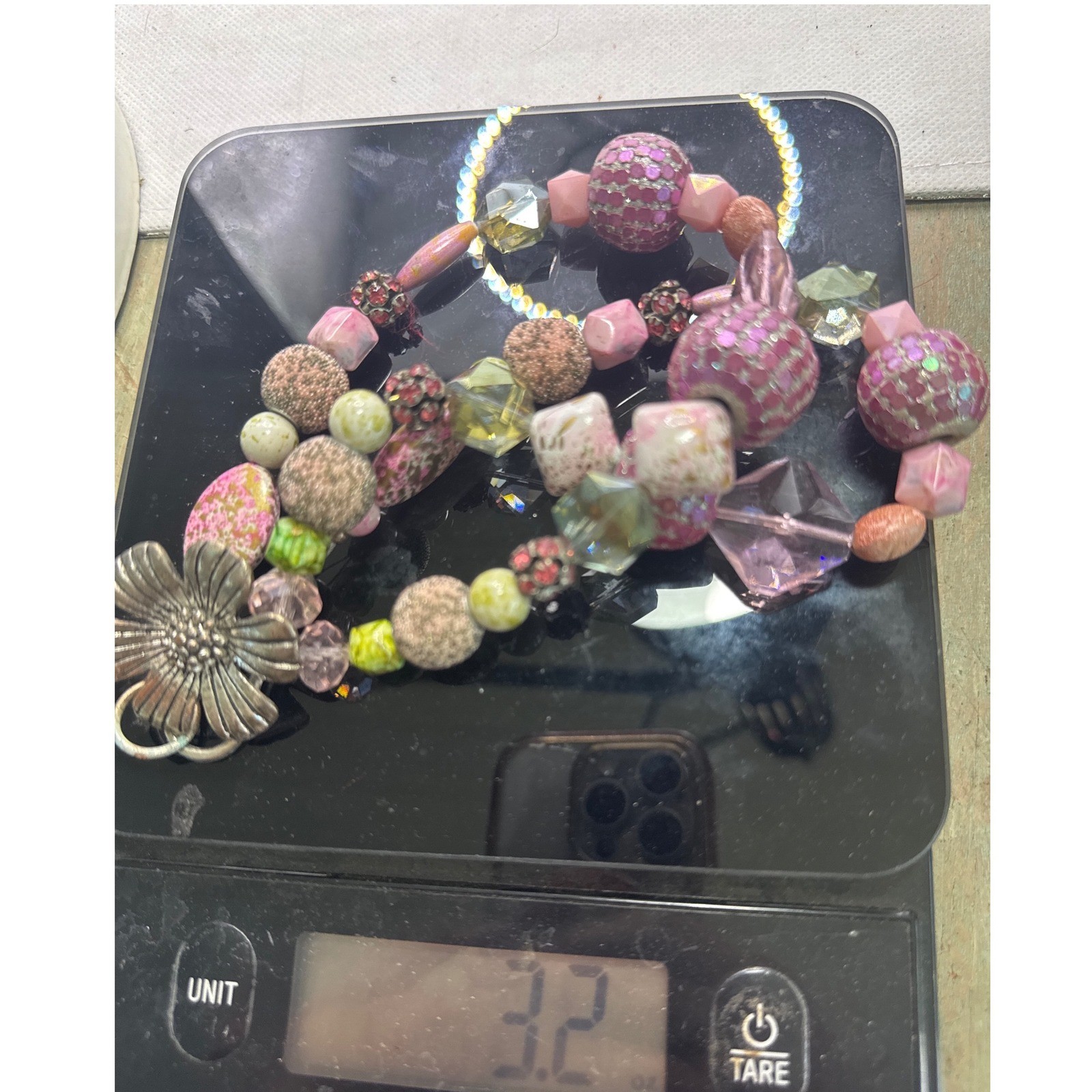 Boho Mixed Bead Flower Pendant Necklace Pink Green Glass Ceramic 23 Inch