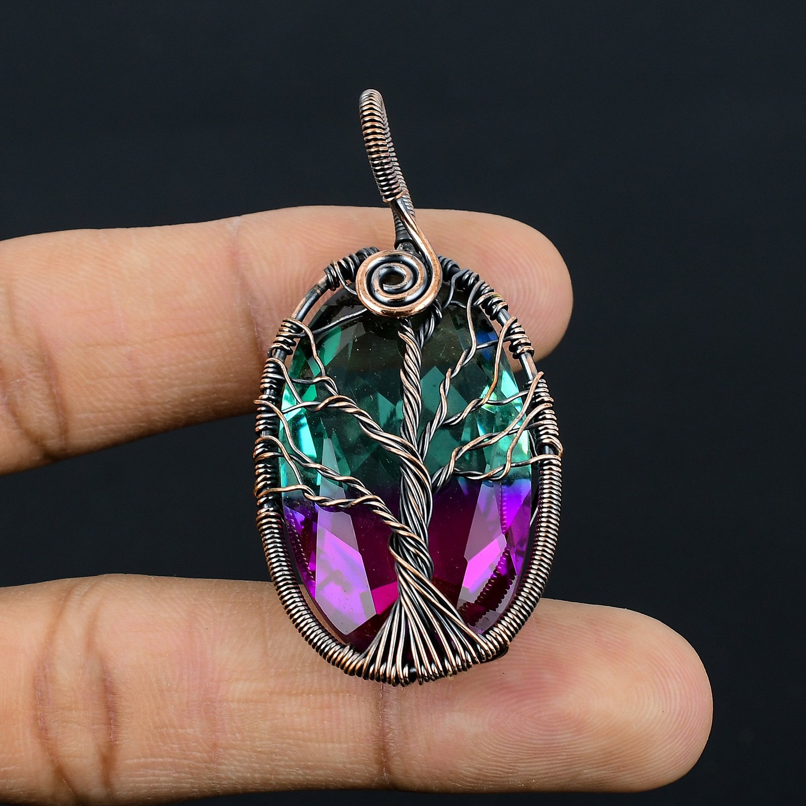Bi Color Tourmaline Gemstone Copper Wire Wrap Jewely Pendant 2.3″ d113