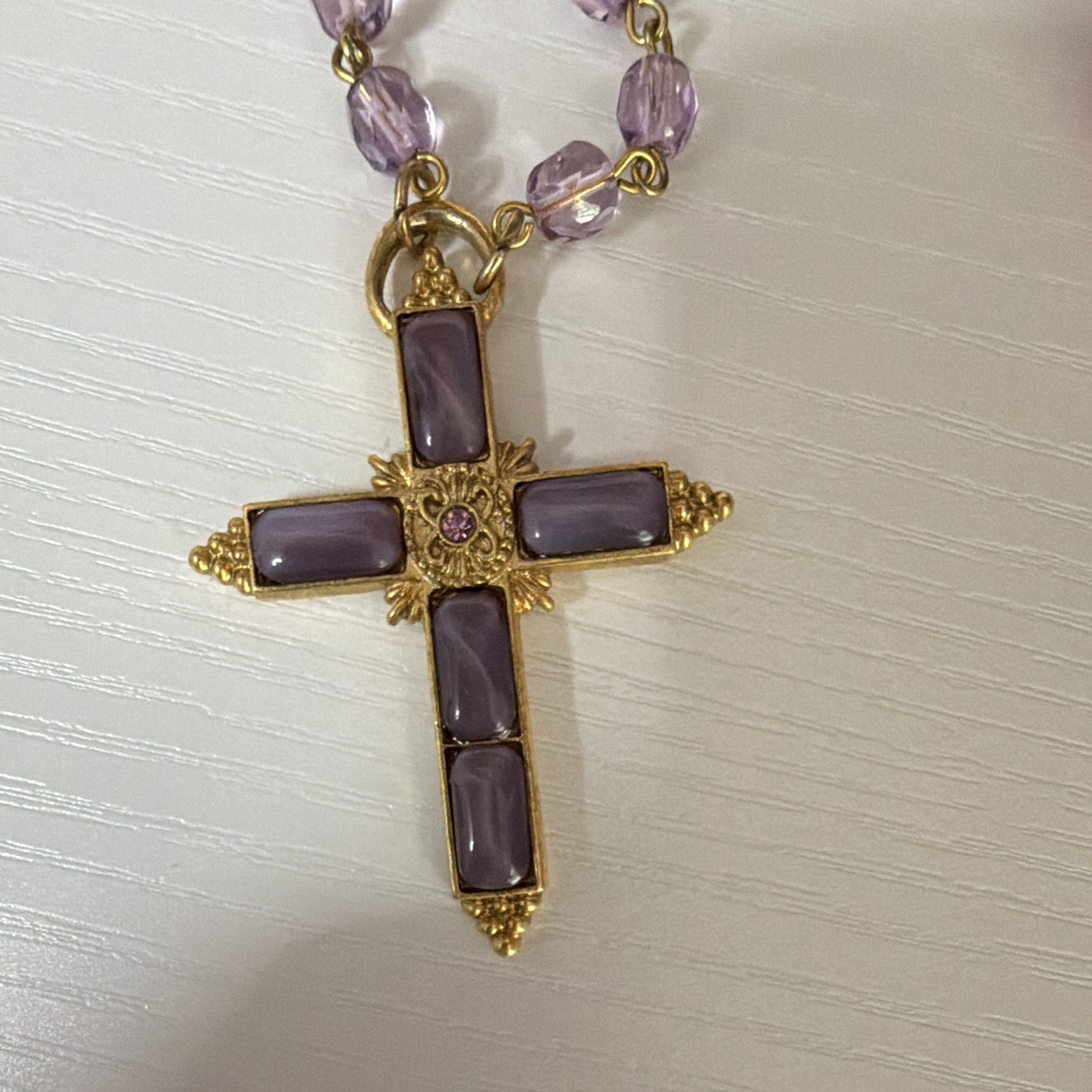 Gold Tone Rope Chain Necklace Purple Crystal Bead Cross Pendant Lobster