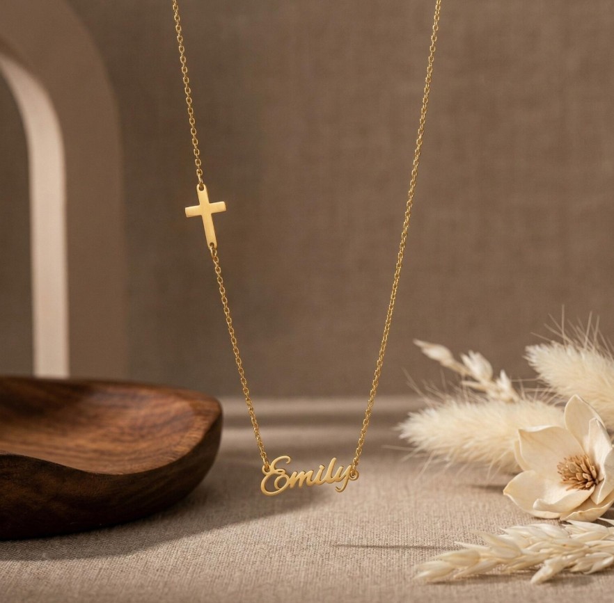 Custom Sideways Cross Necklace Personalized Cross Name Necklace Baptism Gift