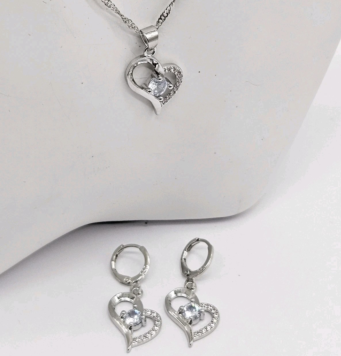 Silver Tone Crystal Heart Pendant Necklace Earrings – Womens Fashion Jewelry Set