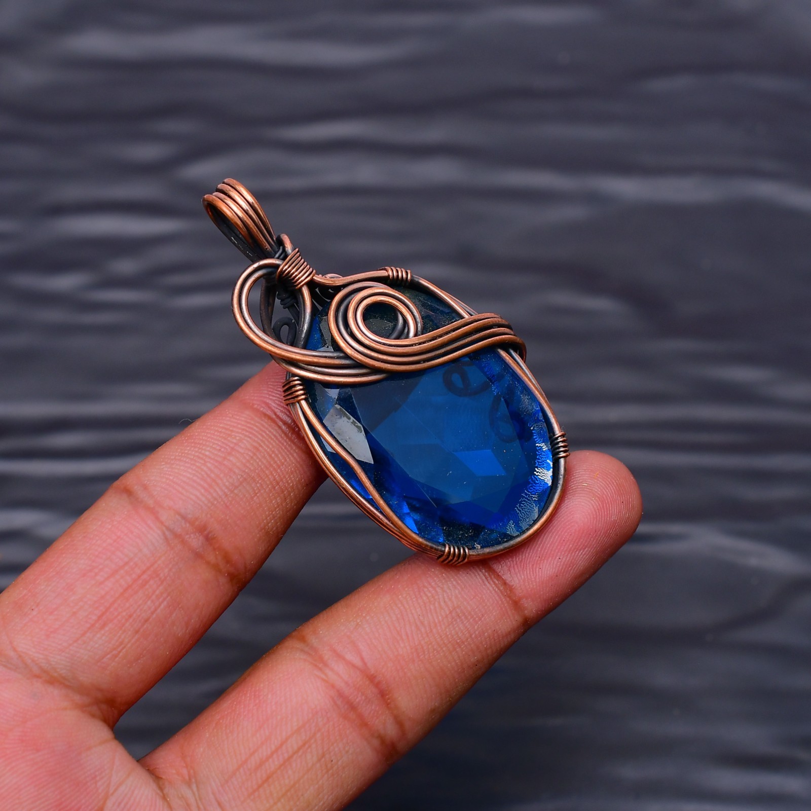 London Blue Topaz Gemstone Copper Wire Wrapped Handmade Jewelry Pendant 2.20″
