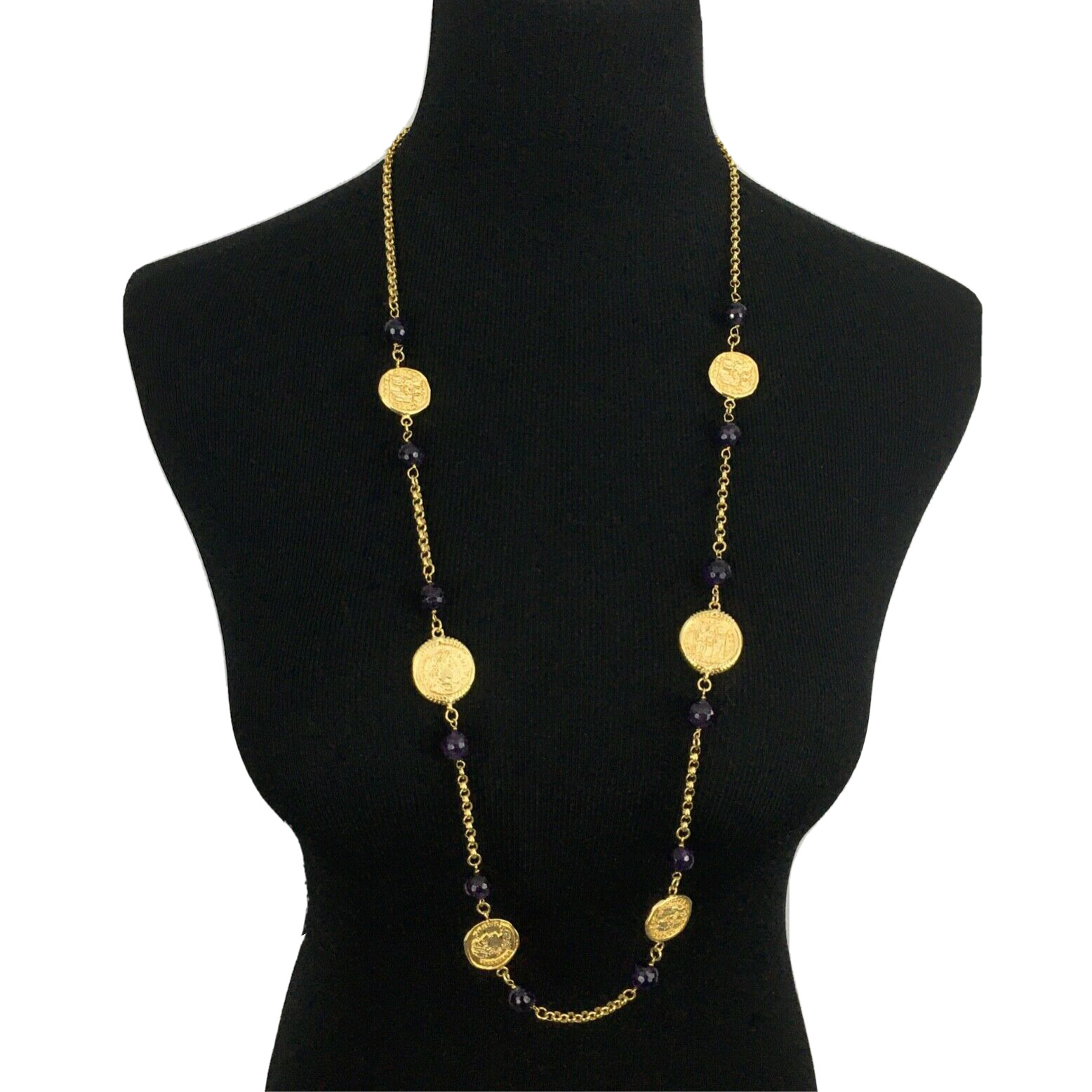 BRONZALLURE faux coin necklace – amethyst bead gold-plated station Italy 35″