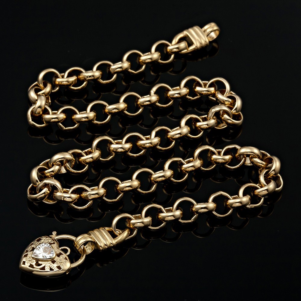 18KGL Thick Solid Rolo Yellow Gold Necklace Filigree Heart Padlock Crystal Clear
