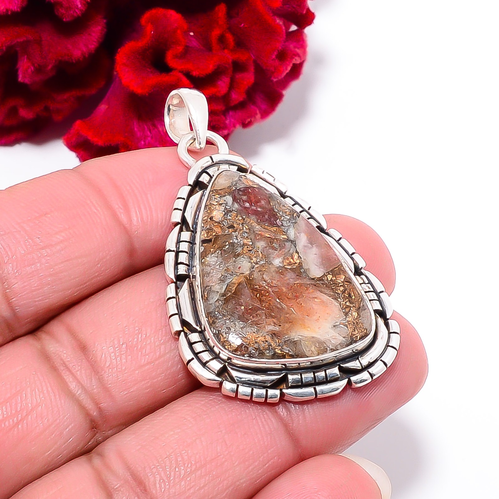 Copper Golden Sunstone – Madagascar 925 Sterling Silver Pendant 1.95″ P102172