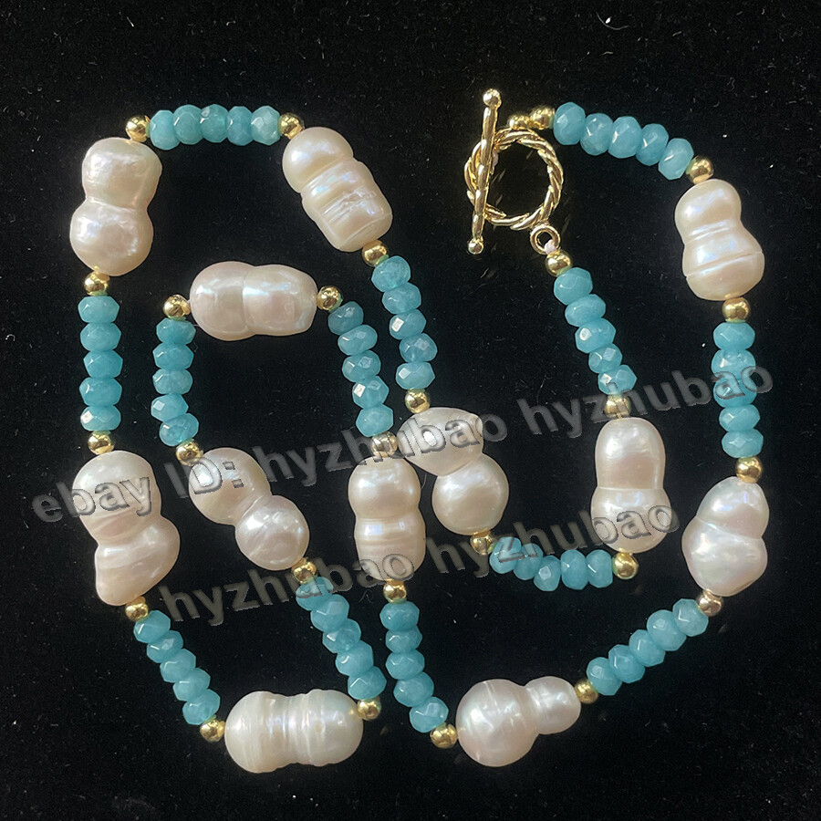 14-28″2x4mm Faceted Roundel Aquamarine Gems 10x15mm White Baroque Pearl Necklace