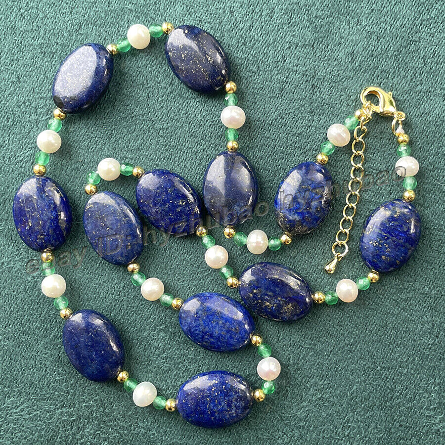 14-36″ 13x18mm Oval Blue Lapis Lazuli &White Pearl &Green Emerald Beads Necklace
