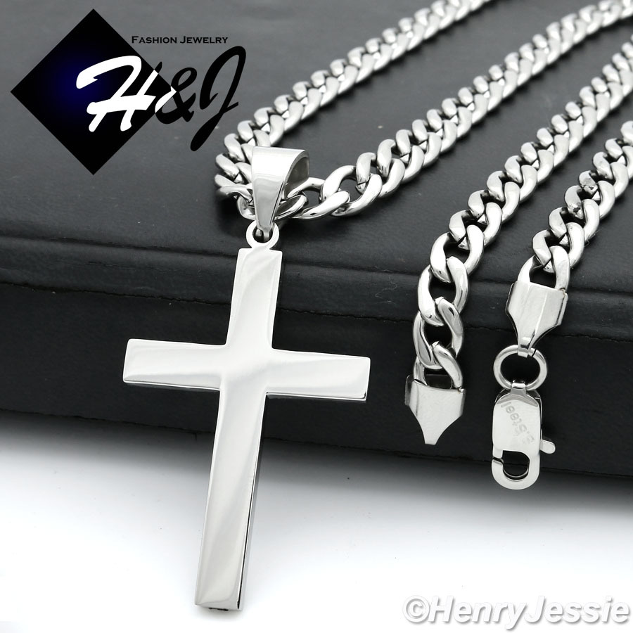 18-40″MEN Stainless Steel 4/5/6/7mm Silver Curb Necklace Plain Cross Pendant*P64