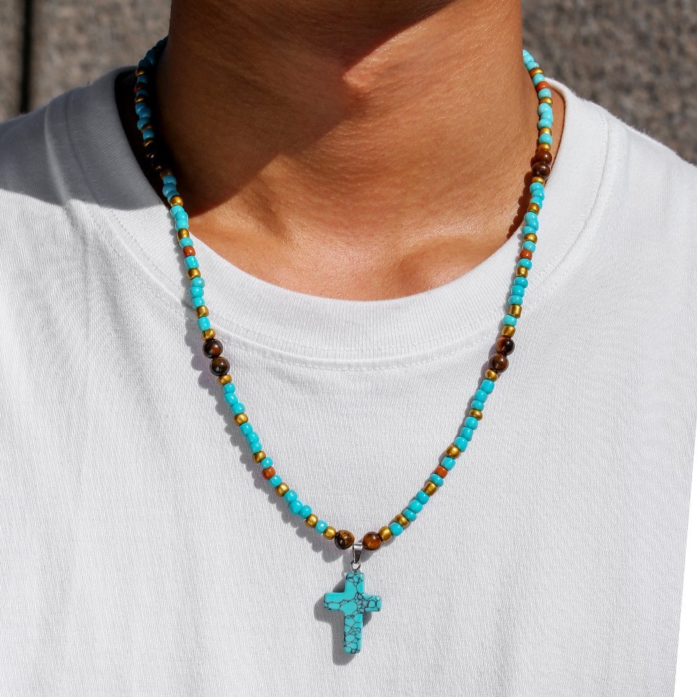 Turquoise Beaded Cross Necklace for Men Handmade Boho Jewelry Adjustable Chain